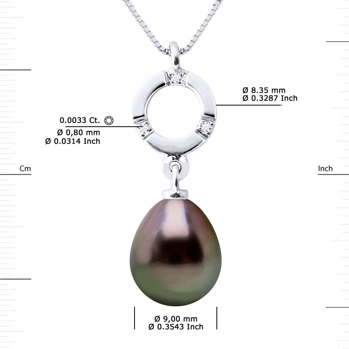 Pendentif Joaillerie - Diamant 0,01 Cts - Véritable Perle de Culture de Tahiti Poire 9-10 mm - Or Blanc