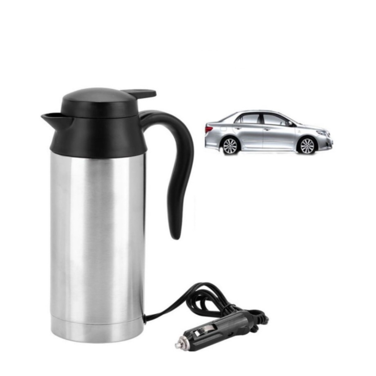 (750ml) 120W Elektrischer Edelstahl Auto Wasserkocher KFZ Reise Heizbecher - Silber