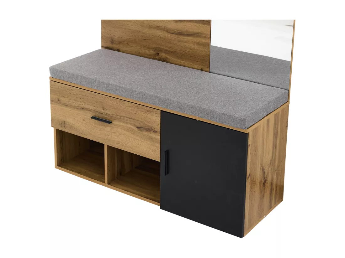 Vestiaire avec porte manteau + banc à chaussures + miroir - Naturel