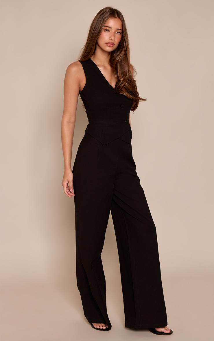 Noir Combinaison-pantalon Effet Lin Avec Bustier Gilet