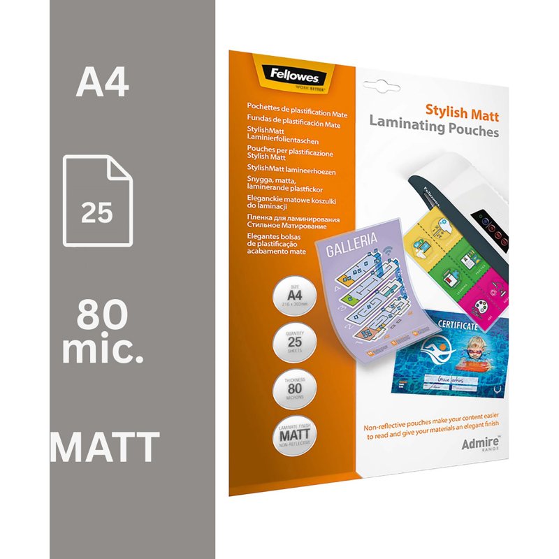 Pochettes de plastification Fellowes A4 2 x 80 µ mates - Boite de 25