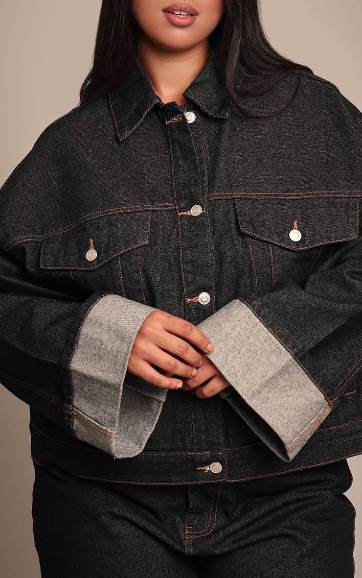 Bleu Indigo Veste En Jean Grande Taille Délavage Brut Avec Revers Et Surpiqûres Contrastées