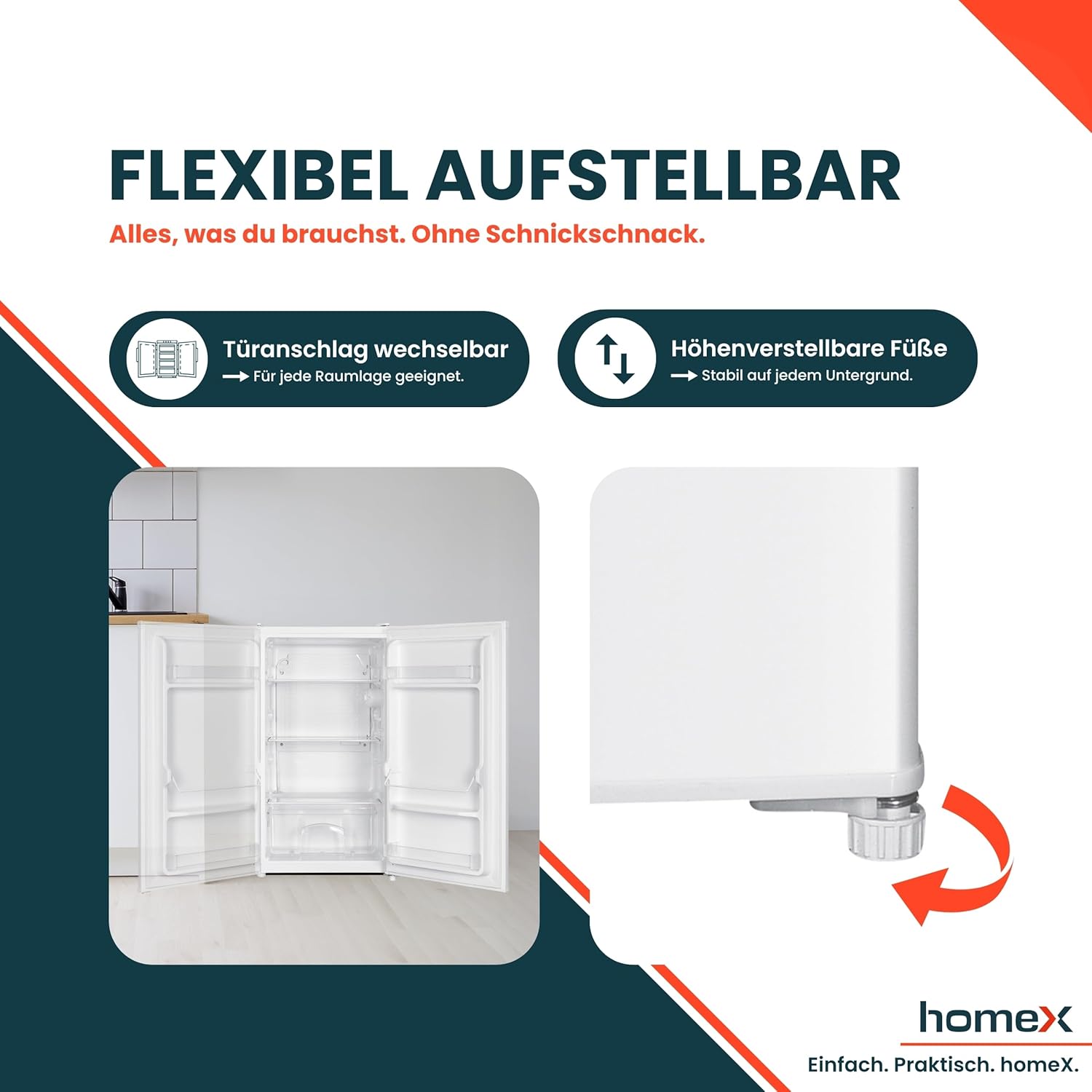 homeX Kühlschrank ohne Gefrierfach, Vollraumkühlschrank klein - 88L Nutzinhalt, freistehend und kompakt, Tischkühlschrank leise 39 dB, Fridge mit LED-Innenbeleuchtung und Temperaturregelung, weiß