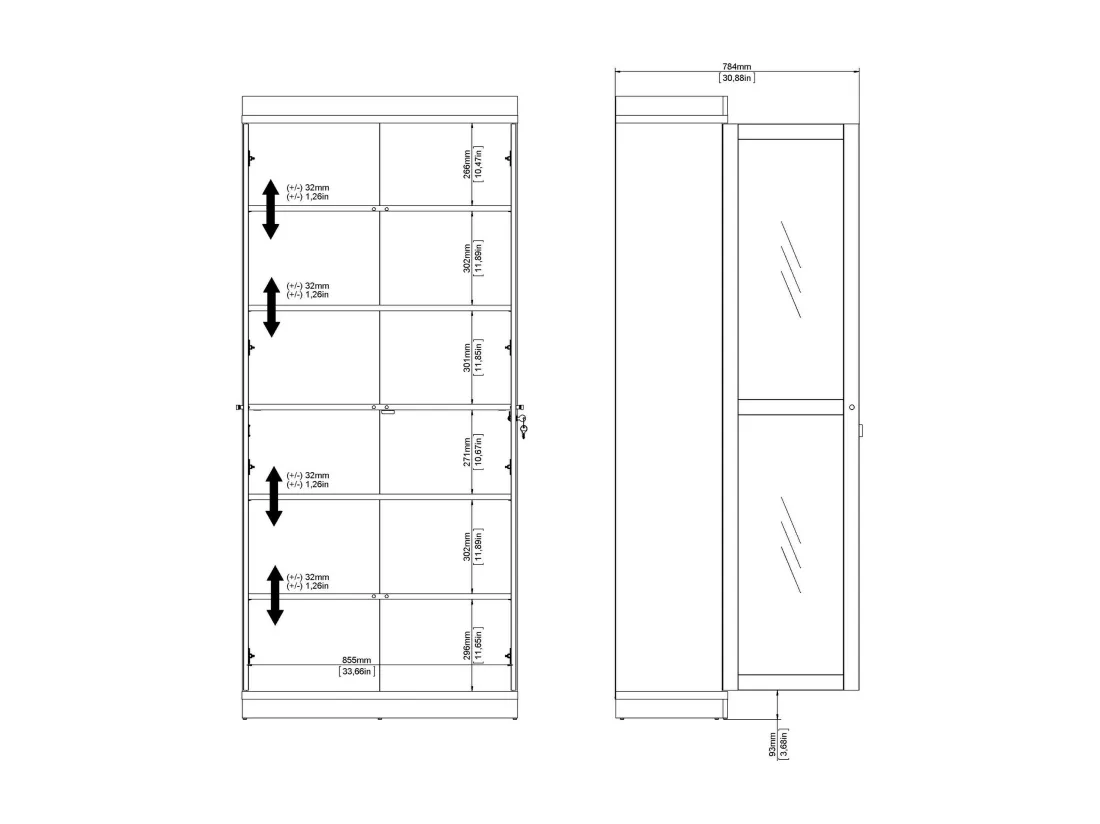 Vitrine Dvazque, Buffet d'exposition, Vitrine polyvalente, Buffet de salon, 89x36 h200 cm, Noir et Noyer
