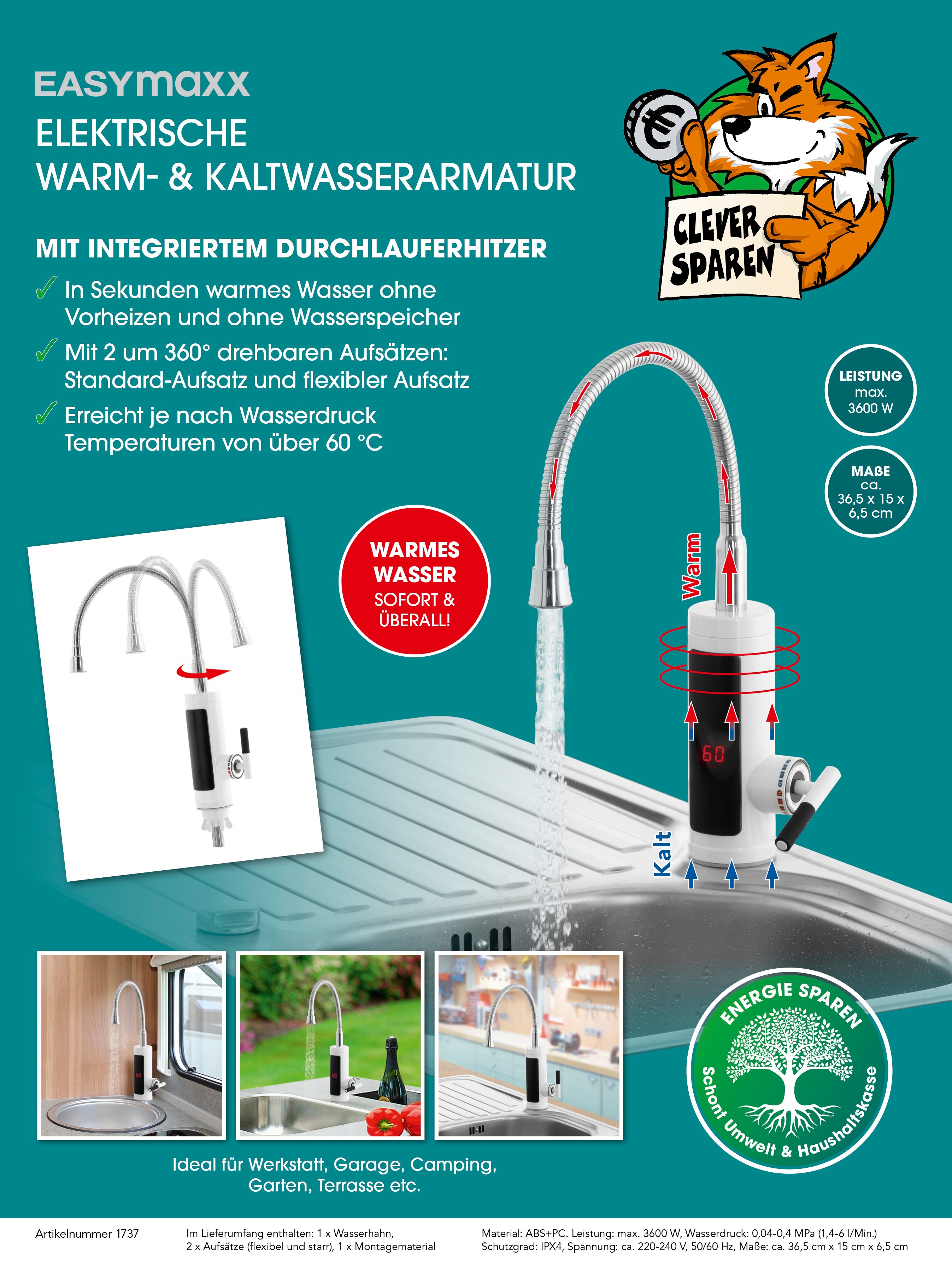 EASYmaxx Warm- & Kaltwasserarmatur 3600W weiß/chrom