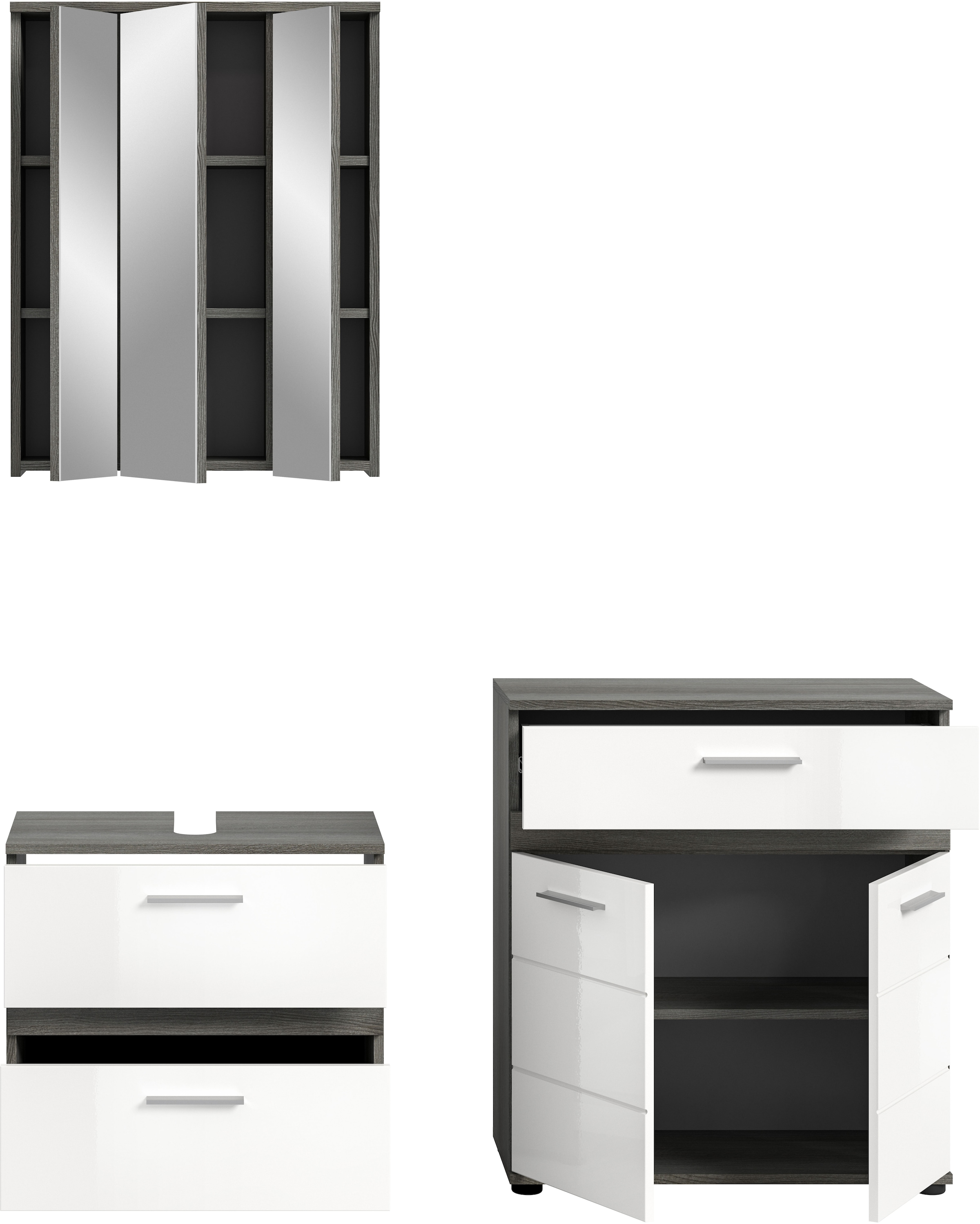 welltime Badmöbel-Set »LUCCA, 3-teilig, TOPSELLER!, hochwertige MDF Front« Set, best. aus: Waschbeckenunterschrank, Spiegelschrank und Midischrank, 3 Stk. tlg.