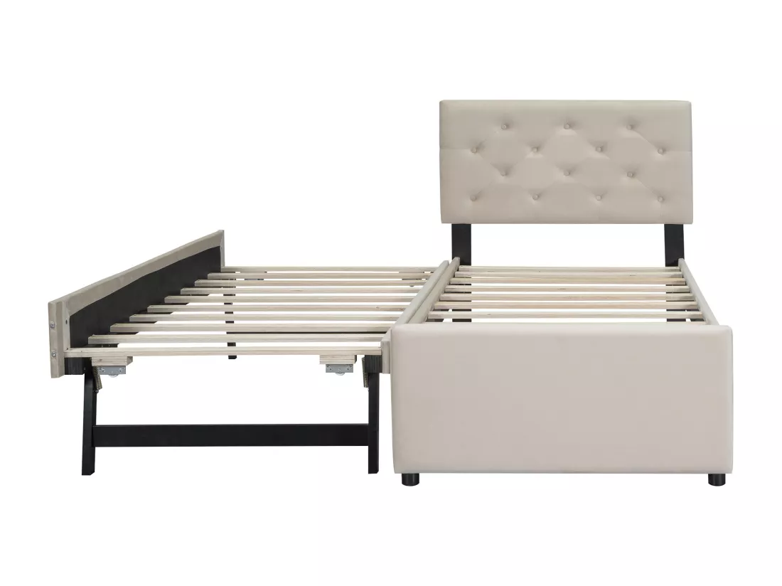 Lit simple 90x200cm en velours - avec un lit gigogne - avec sommier à lattes - Beige (matelas non inclus)