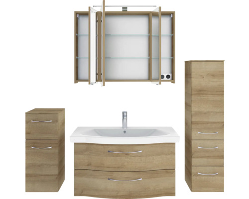 Pelipal Sunline 114 badkamermeubelset, BxHxD 160 x 200 x 51,5 cm, frontkleur: Riviera eiken, 5-delige badkamermeubelset en meer, inclusief witte keramische wastafel en badmeubel, spiegelkast met LED-verlichting, onderkast, wandkast