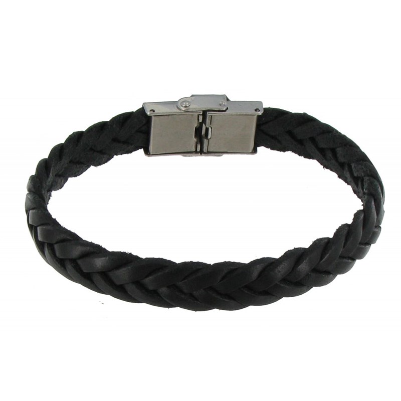 Bracelet Homme Cuir Noir Tréssé Plat Fermoir Acier Inoxydable - taille 21 cm