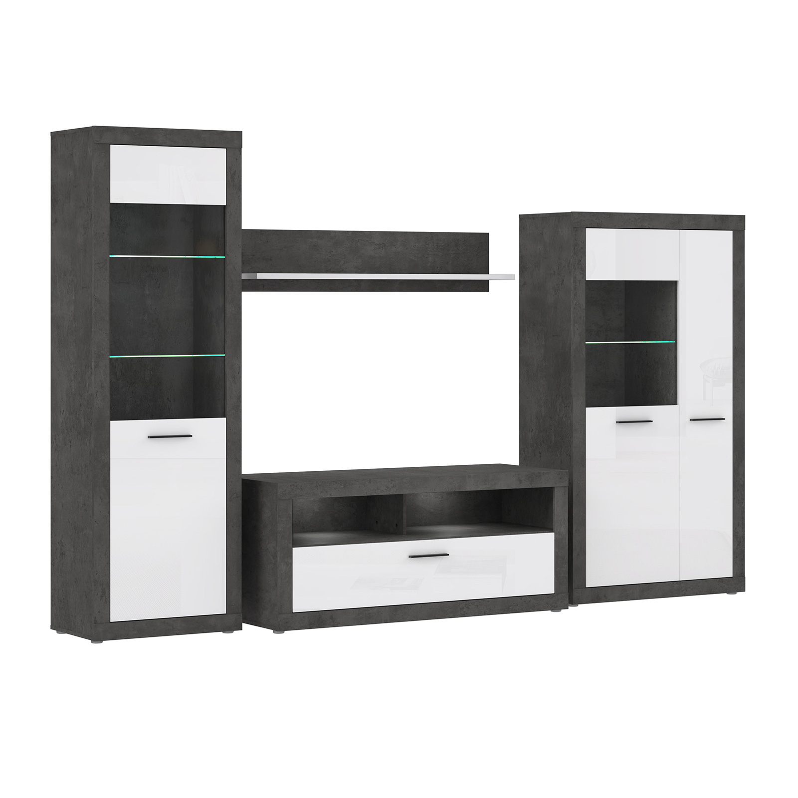 4-teiliges Wohnwand-Set - Betonoptik - weiß - 314 cm breit