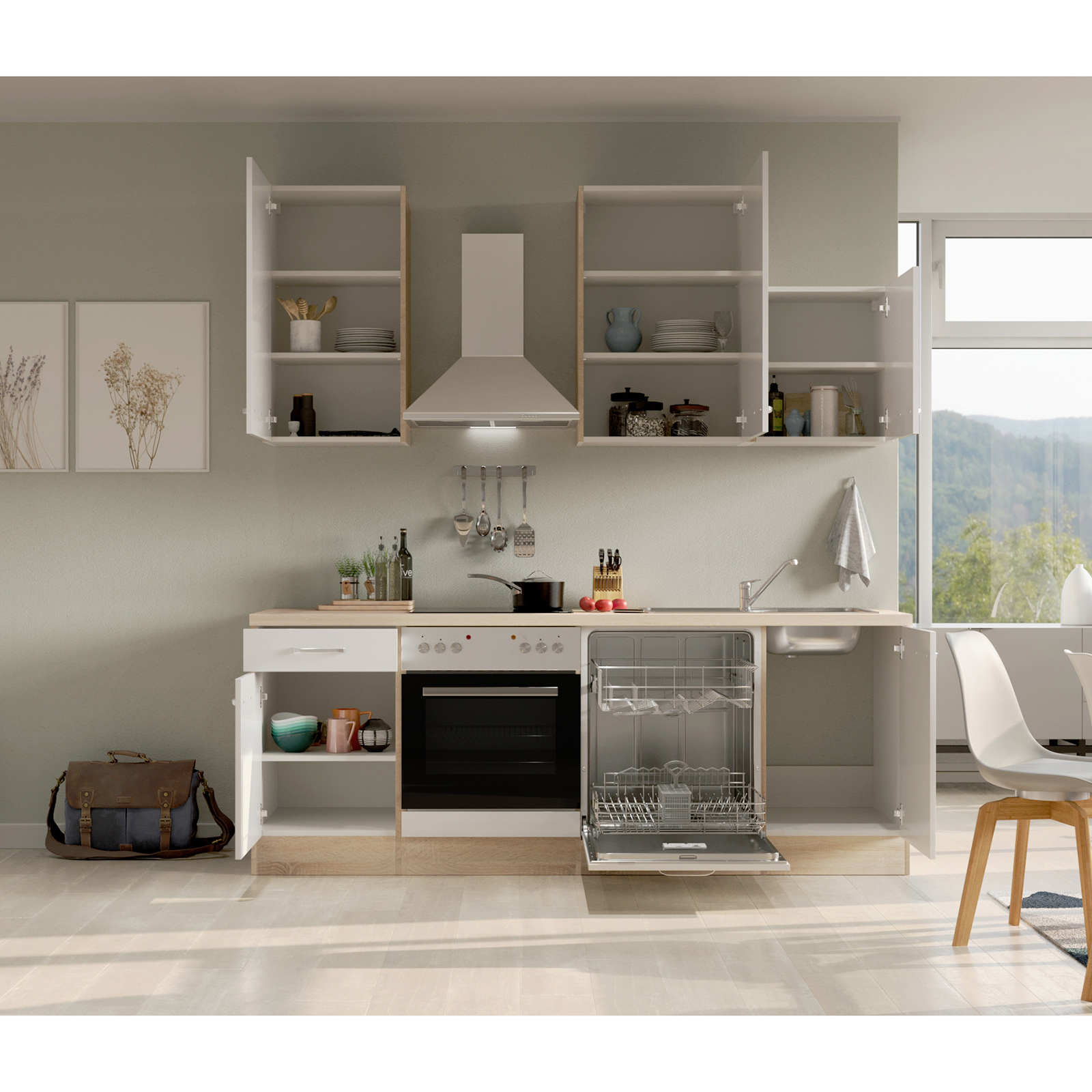 Küchenblock VALERO - Sonoma Eiche-weiß Hochglanz - mit E-Geräten - 220 cm