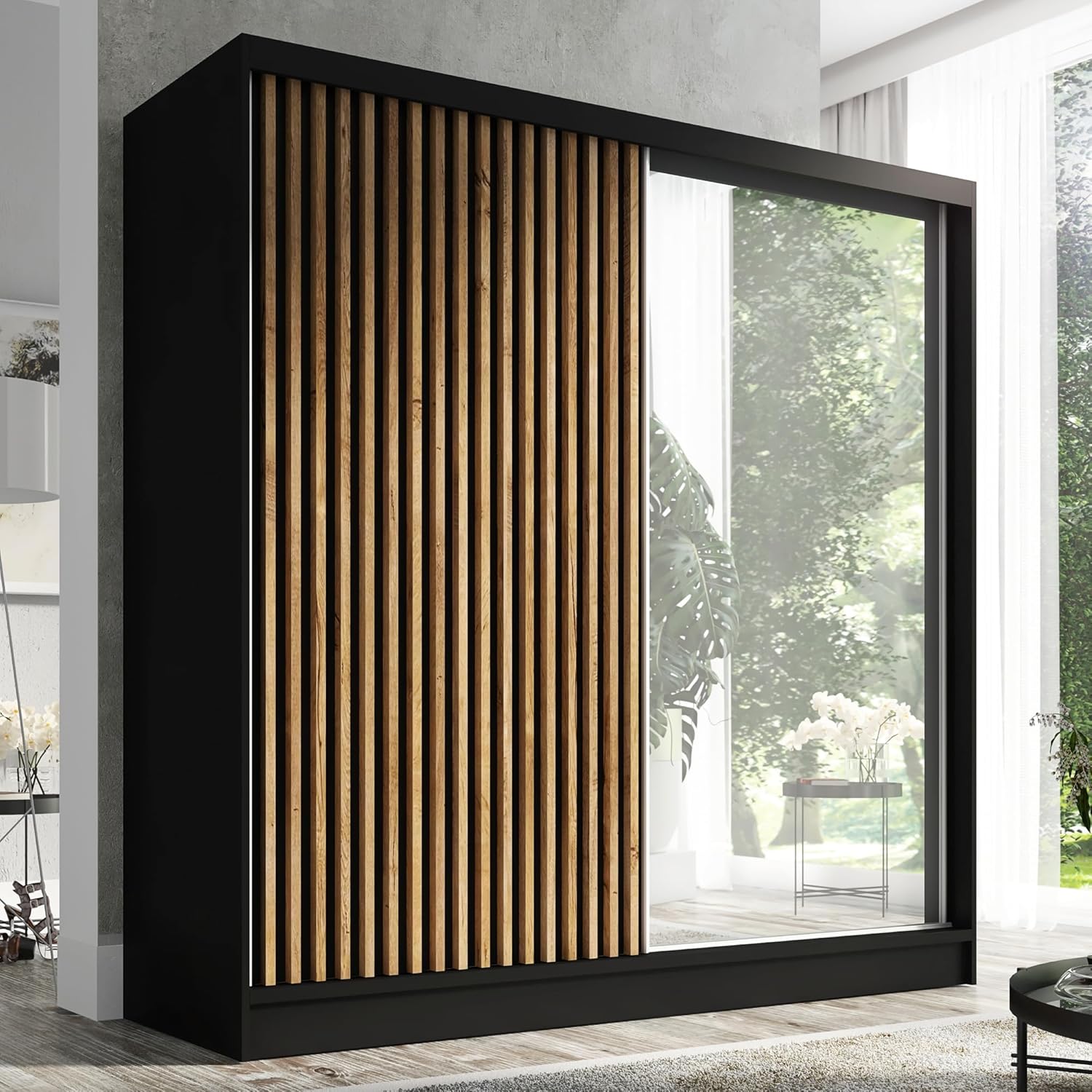 A&J MöbelLand Schwebetürenschrank LINA Kleiderschrank 200 cm mit Spiegel, 3 Schubladen & 3D-Lamellen (Schwarz)