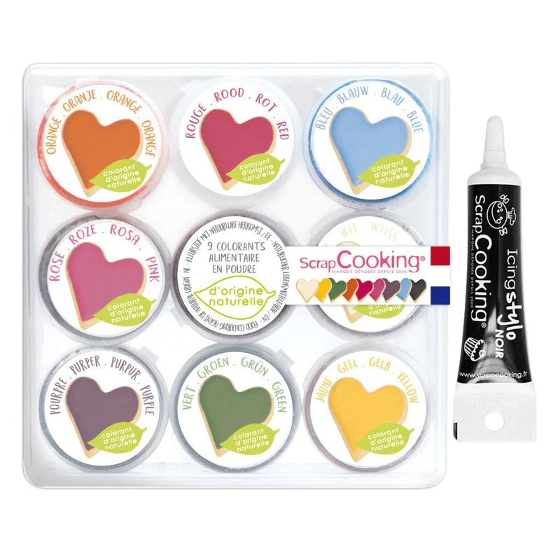 9 mini colorants alimentaires naturels en poudre + Stylo glaçage noir