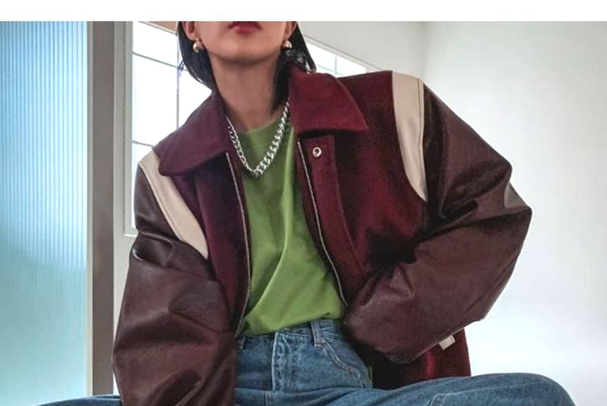SeoulPop - Unisex Color-Block Faux Leather Baseballjack
