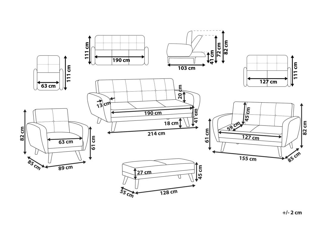 Ensemble canapés et fauteuil en tissu gris clair 6 places avec pouf FLORLI