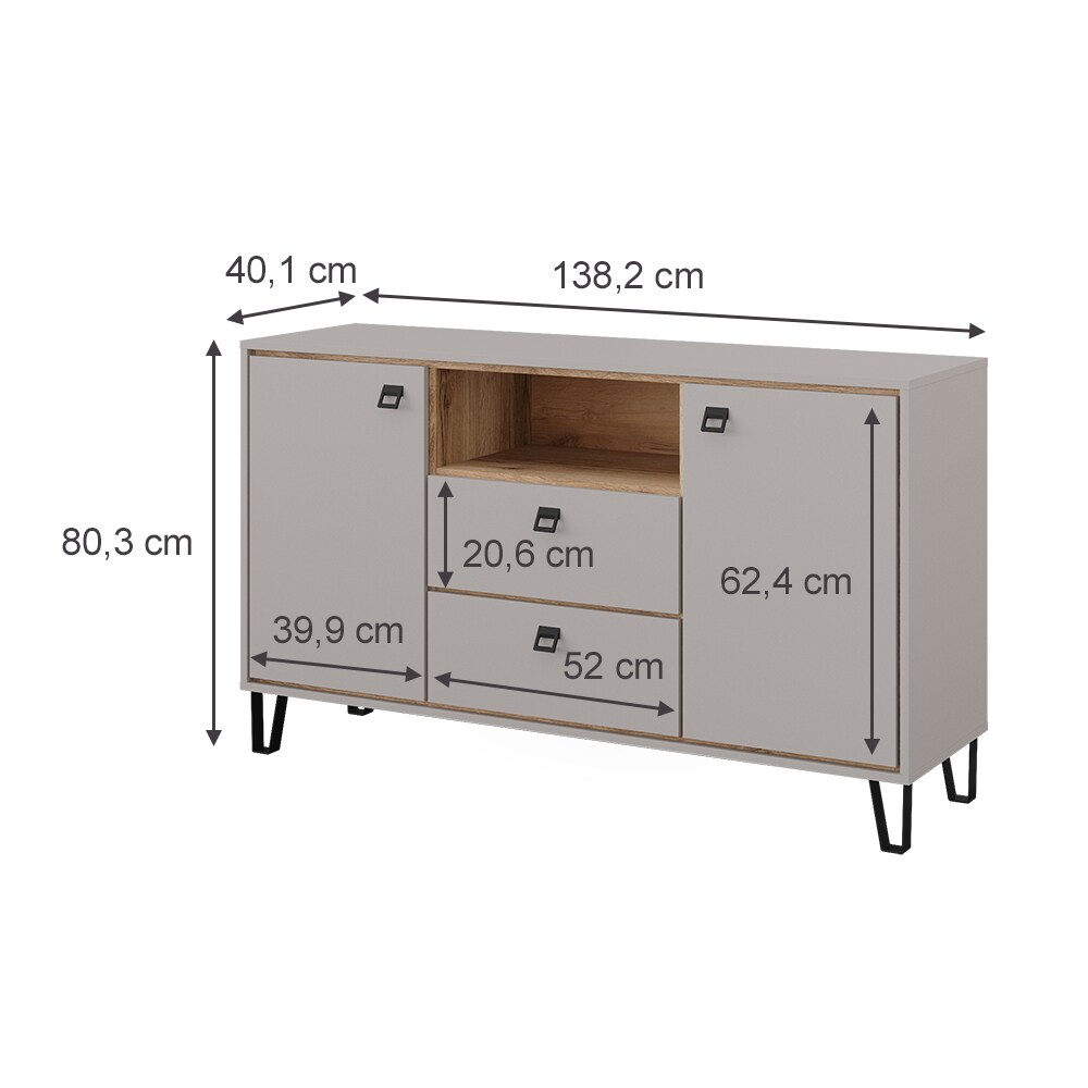 Vicco Sideboard Tirion 138 x 80 cm in Cashmere Eiche, Wohnzimmer, 2 Türen