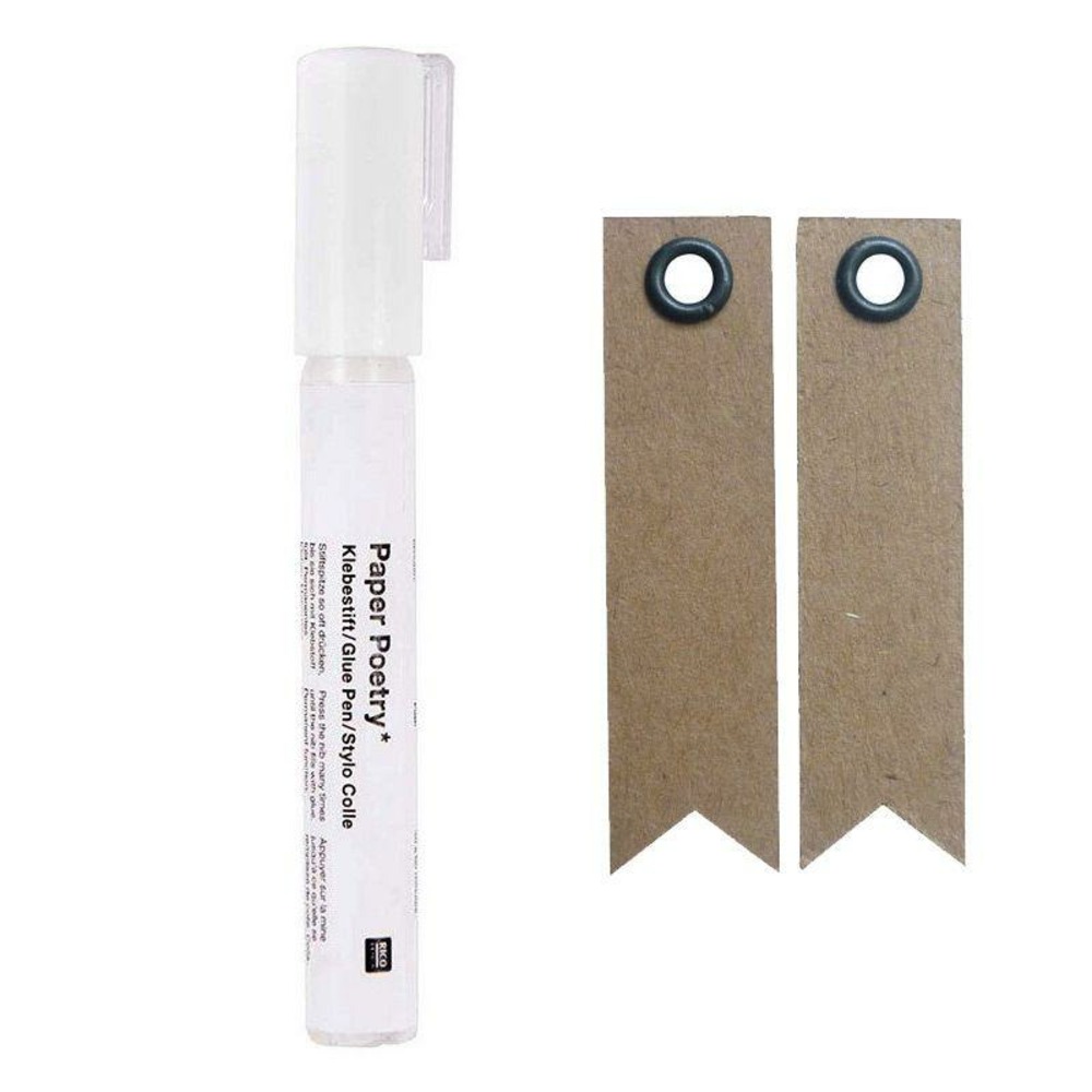 Stylo colle pour papiers à embout 4 mm + 20 étiquettes kraft fanion