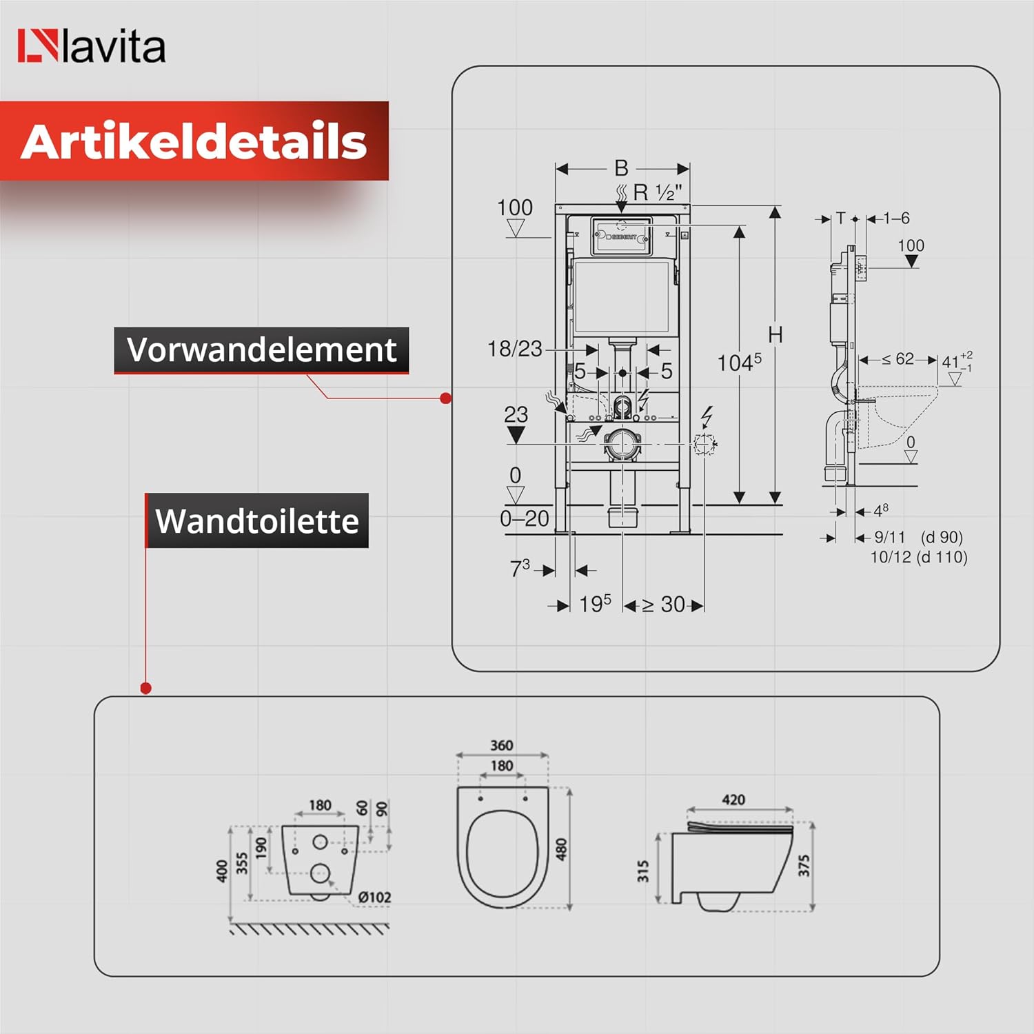 Lavita Duofix Basic Vorwandelement + Wand Tiefspül WC Praia Weiß Spülrandlos + WC Sitz + Bedienplatte Delta 25 Schwarzer Knopf Komplettset Unterputz Spülkasten Toilette Komplett Sett WC
