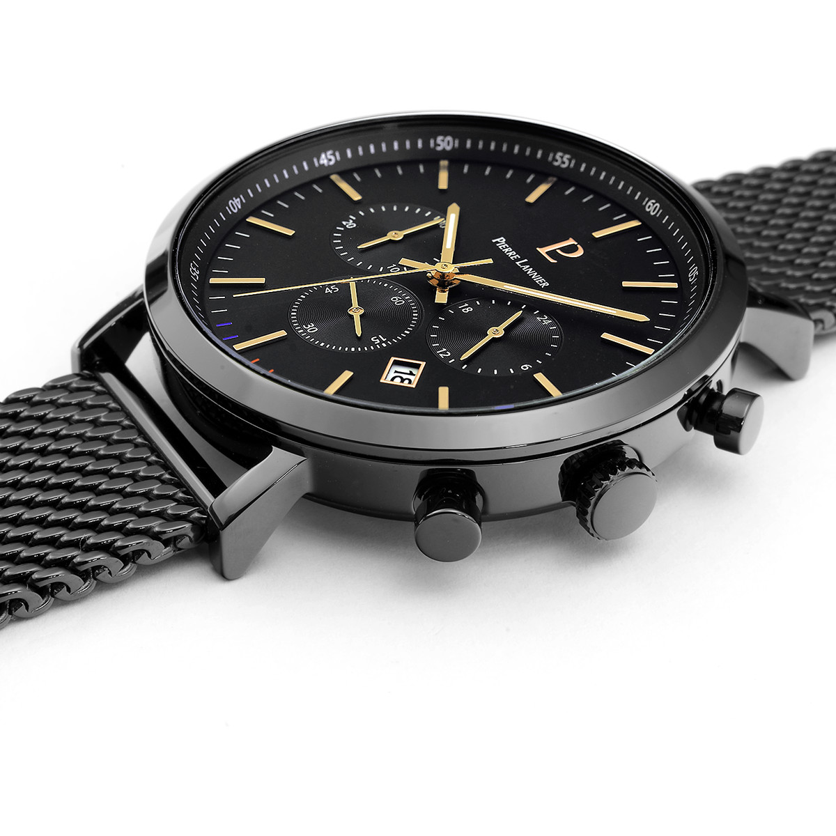 Montre Pierre Lannier homme acier noir bracelet acier noir maille milanaise
