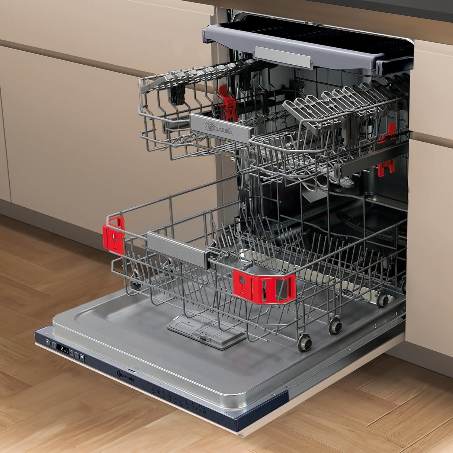 Bauknecht BKSV2 PAN Integrierbarer Geschirrspüler /60 cm/ActiveDry – automatisches Türöffnungssystem/MultiZone – separates Ober- oder Unterkorbspülen/Startzeitvorwahl/Vollwasserschutz/Edelstahl
