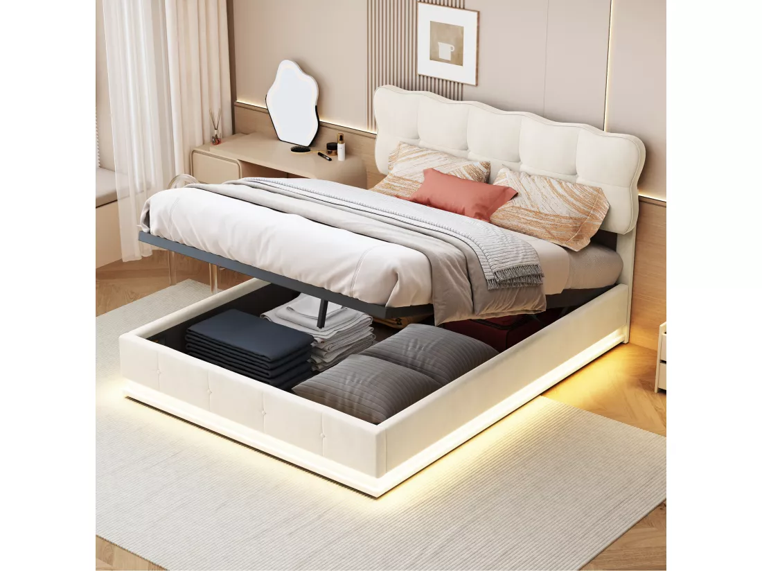 Lit coffre 160x200cm avec rangements, tissu velours, cadre de lit avec tête de lit, éclairage LED, sommier à lattes, lit hydraulique multifonction, lit adulte style moderne, Beige