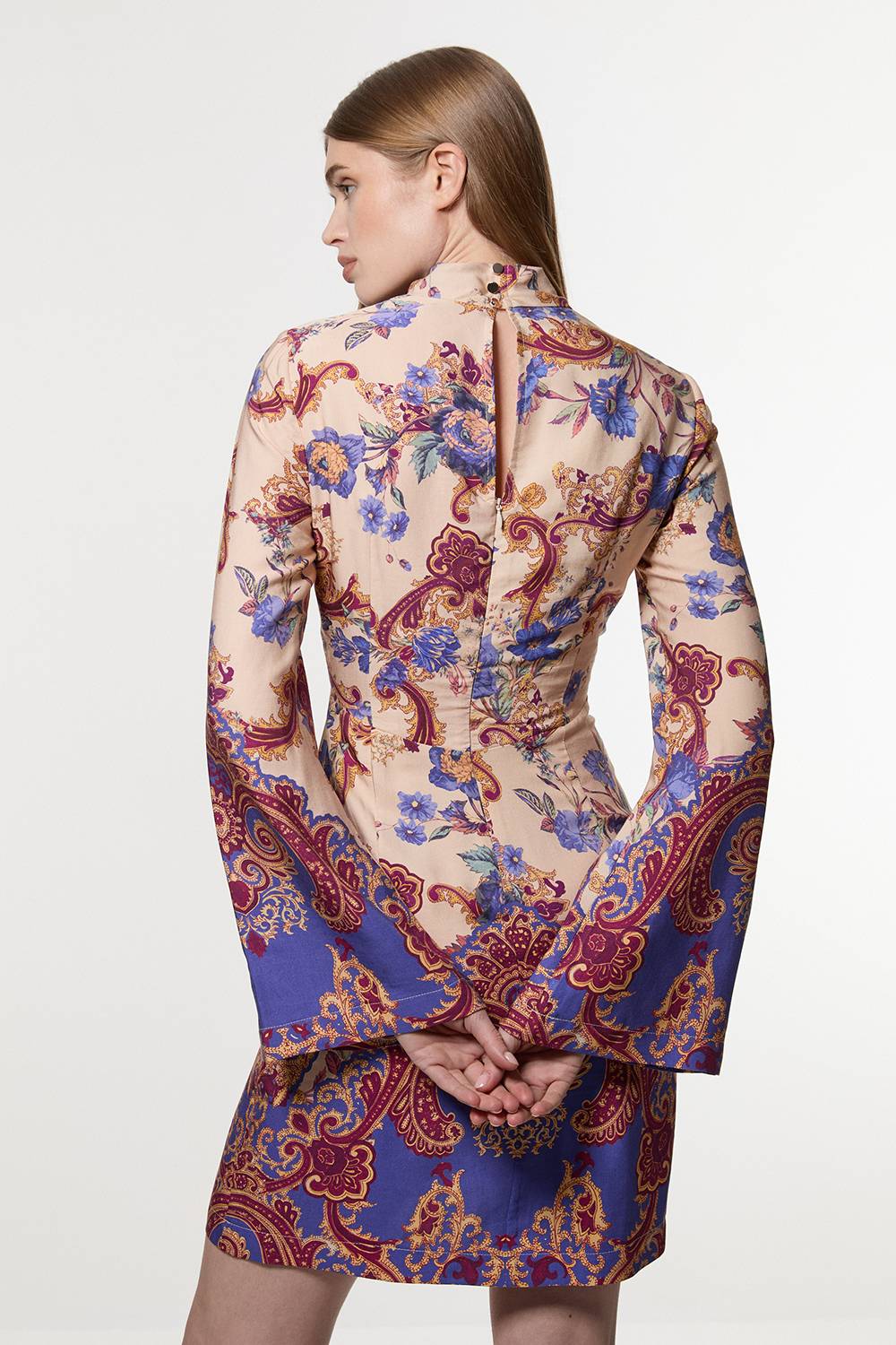 KarenMillen Robe mini tissée en lin visqueux premium avec imprimé paisley à bordure