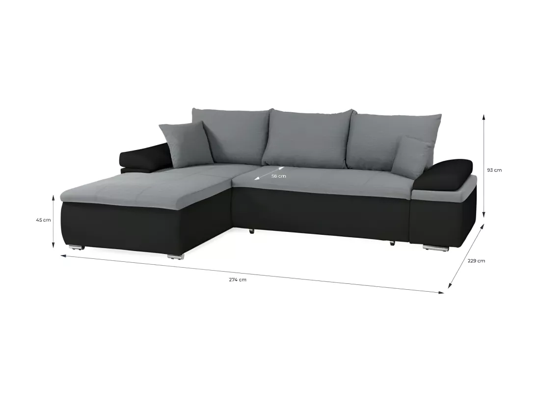 Canapé d'angle réversible convertible 3 places+Coffre - Simili noir et gris - CELINA