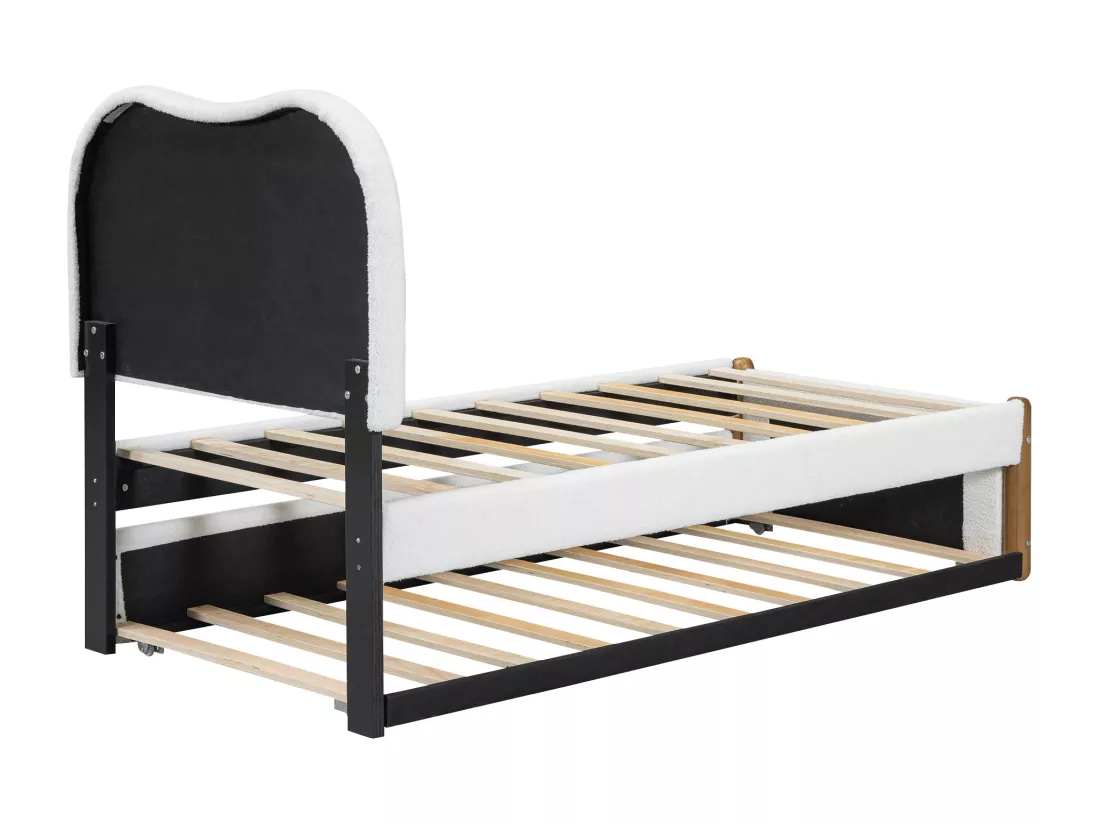 Lit rembourré en peluche 90x200cm - avec lit gigogne coulissant 90x190cm - avec sommier à lattes en MDF - Blanc