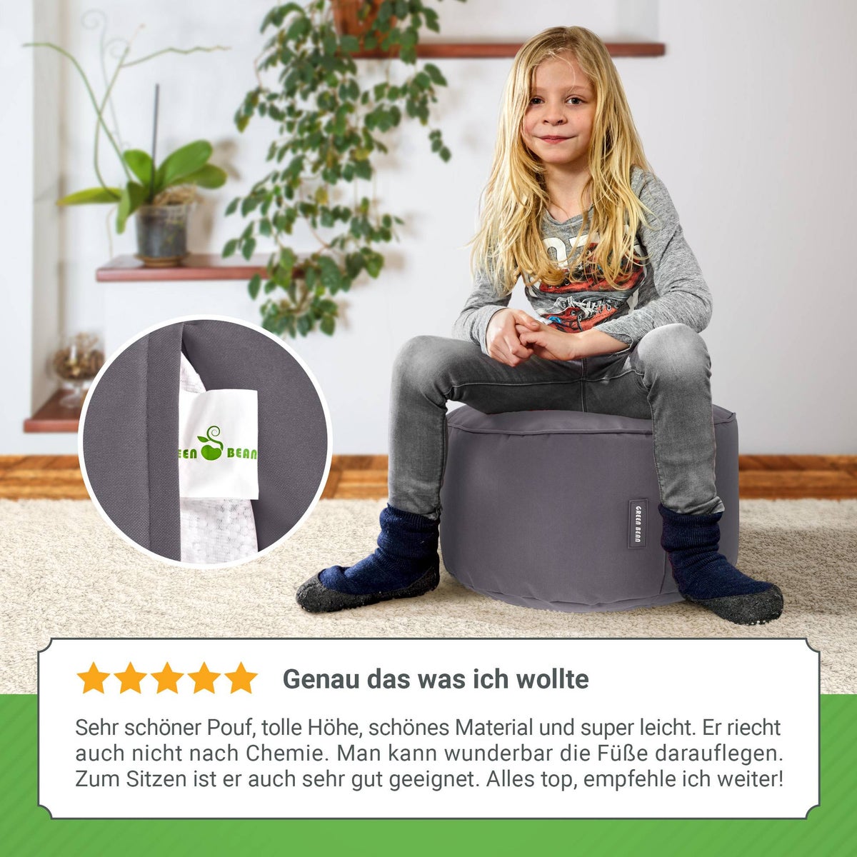 Green Bean Zitzakkruk 45x25cm met EPS-korrelvulling - Voetenbank, Voetkussen, Zitpoef voor Zitzakken - Vloerkussen voor Kinderen en Volwassenen - Voetsteun, Zitkussen, Kruk, Antraciet
