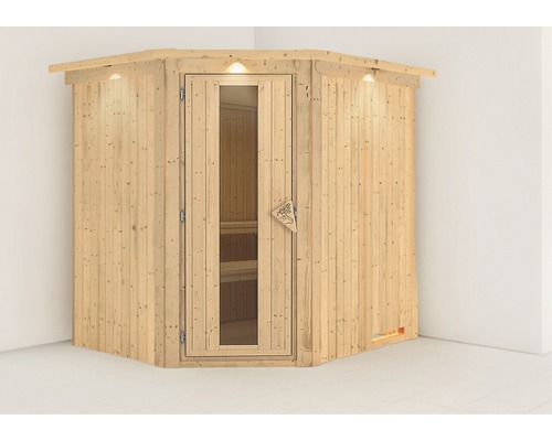 Plug & Play Sauna Karibu Achat VII zonder kachel, met dakrand en houten deur met isolatieglas, thermisch geïsoleerd