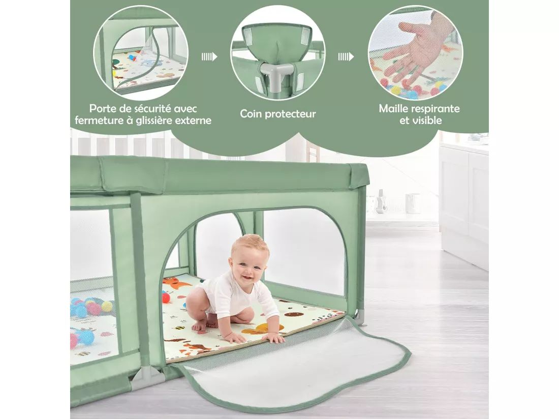 Parc Bébé en Tissu avec Tapis Antidérapant, Centre d'Activité Enfants avec Maille Respirante, 50 Boules, Sac de Transport Intérieur Extérieur pour Bébé 0-3 Ans Vert