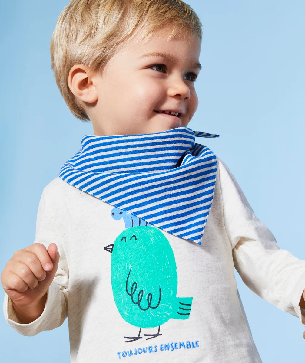 T-SHIRT BÉBÉ GARÇON EN COTON BIO ÉCRU CHINÉ AVEC POUSSIN VERT