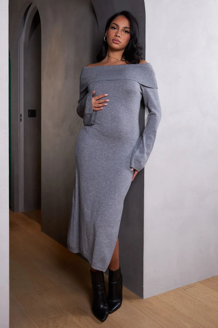 Robe grise à col bardot moulante