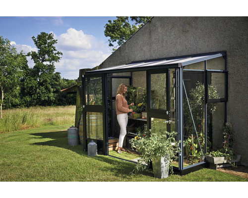 Aanbouwkas JULIANA Veranda 4,4 m² 3 mm veiligheidsglas 296 x 149 cm antraciet/zwart