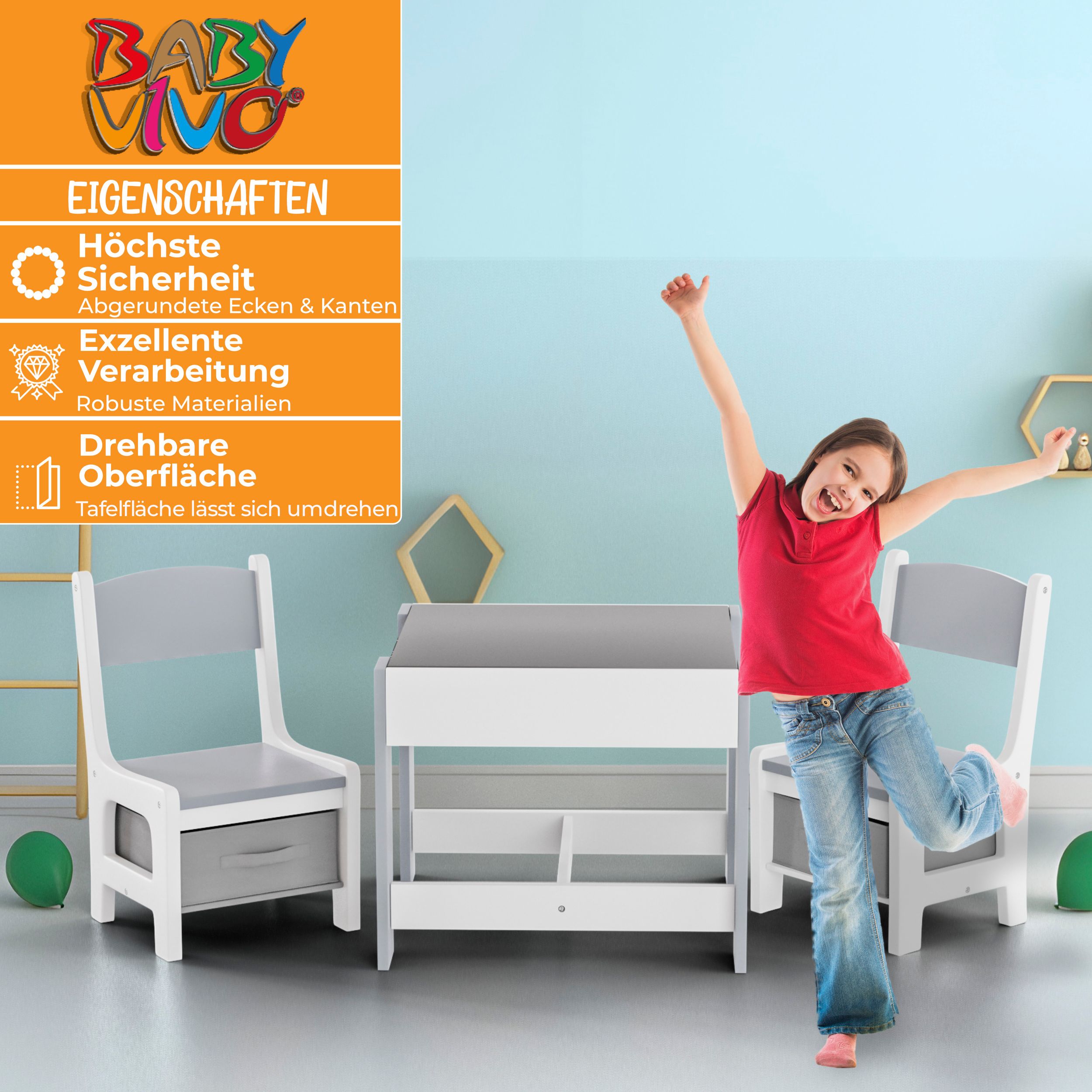 Baby Vivo Kindersitzgruppe mit multifunktionalem Tisch und 2 Stühlen aus Holz - Maurice in Grau