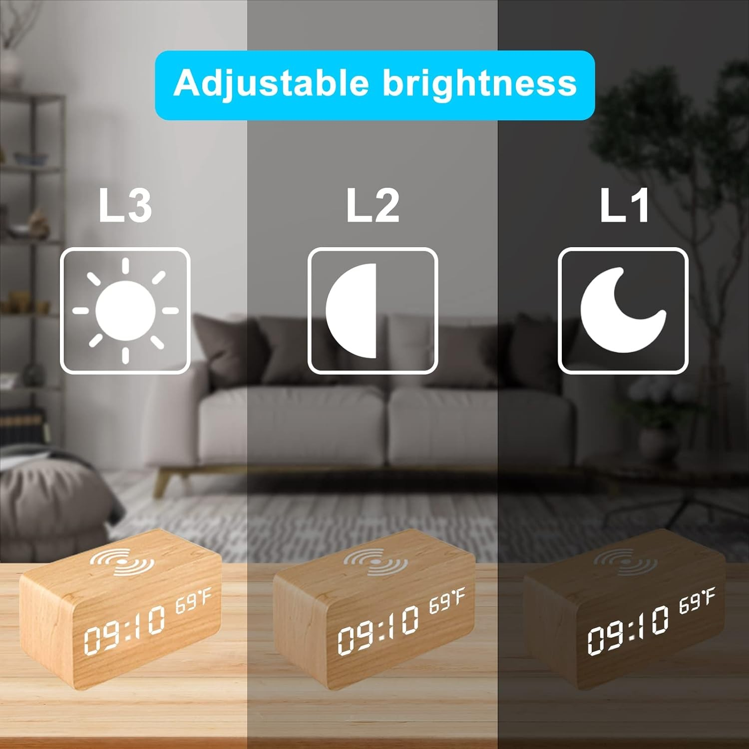 3in1 LED Holz Wecker USB Nachttisch Uhr mit Integrierter Ladestation Qi Wireless Ladegerät / Temperatur Anzeige - Hellbraun