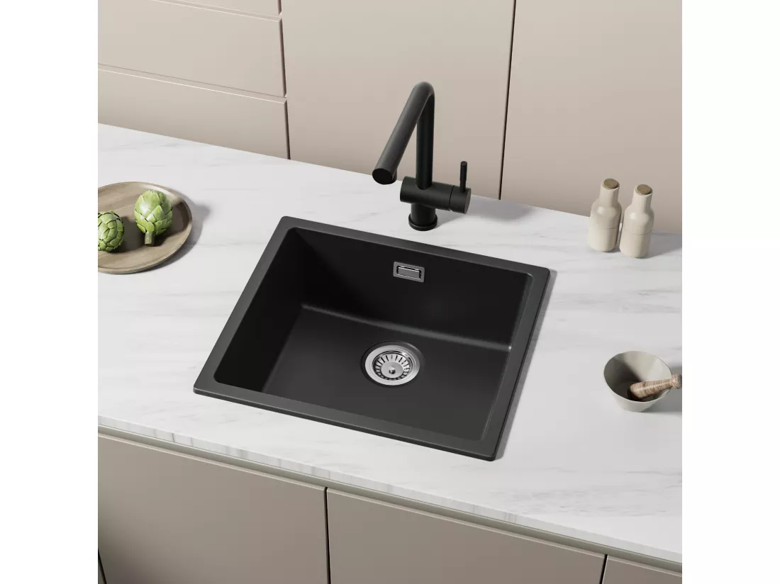 Evier 1 Bac en Quartz et Résine, 3 Options de Montage, 50*44*20cm + Mitigeur avec Douchette Extractible, Brossé