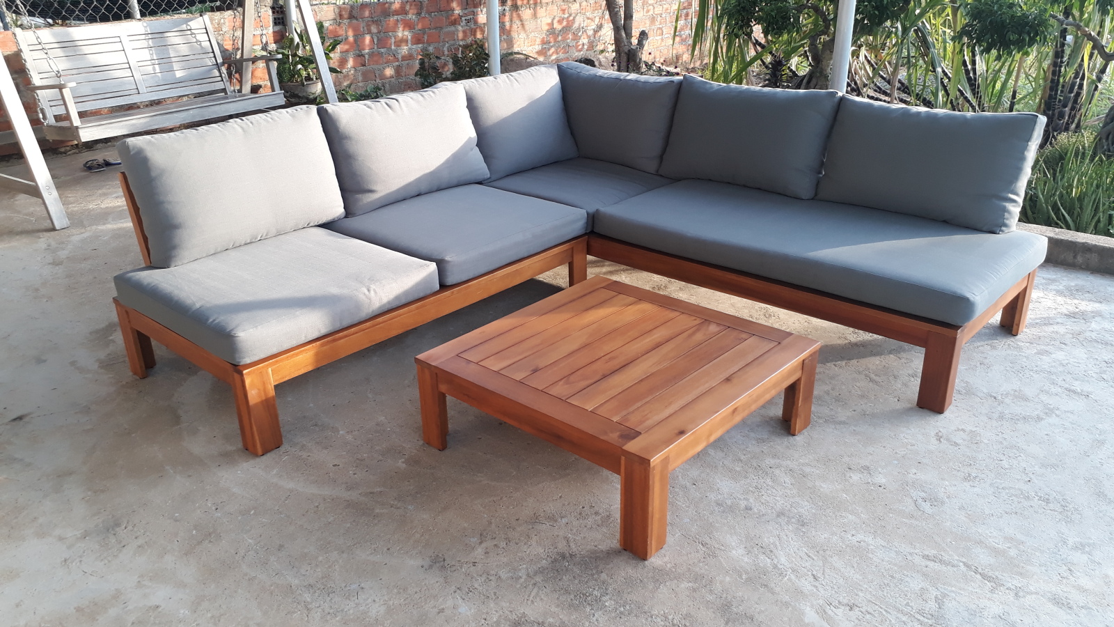 3-teiliges Lounge-Set - teakfarben-grau - Akazie massiv