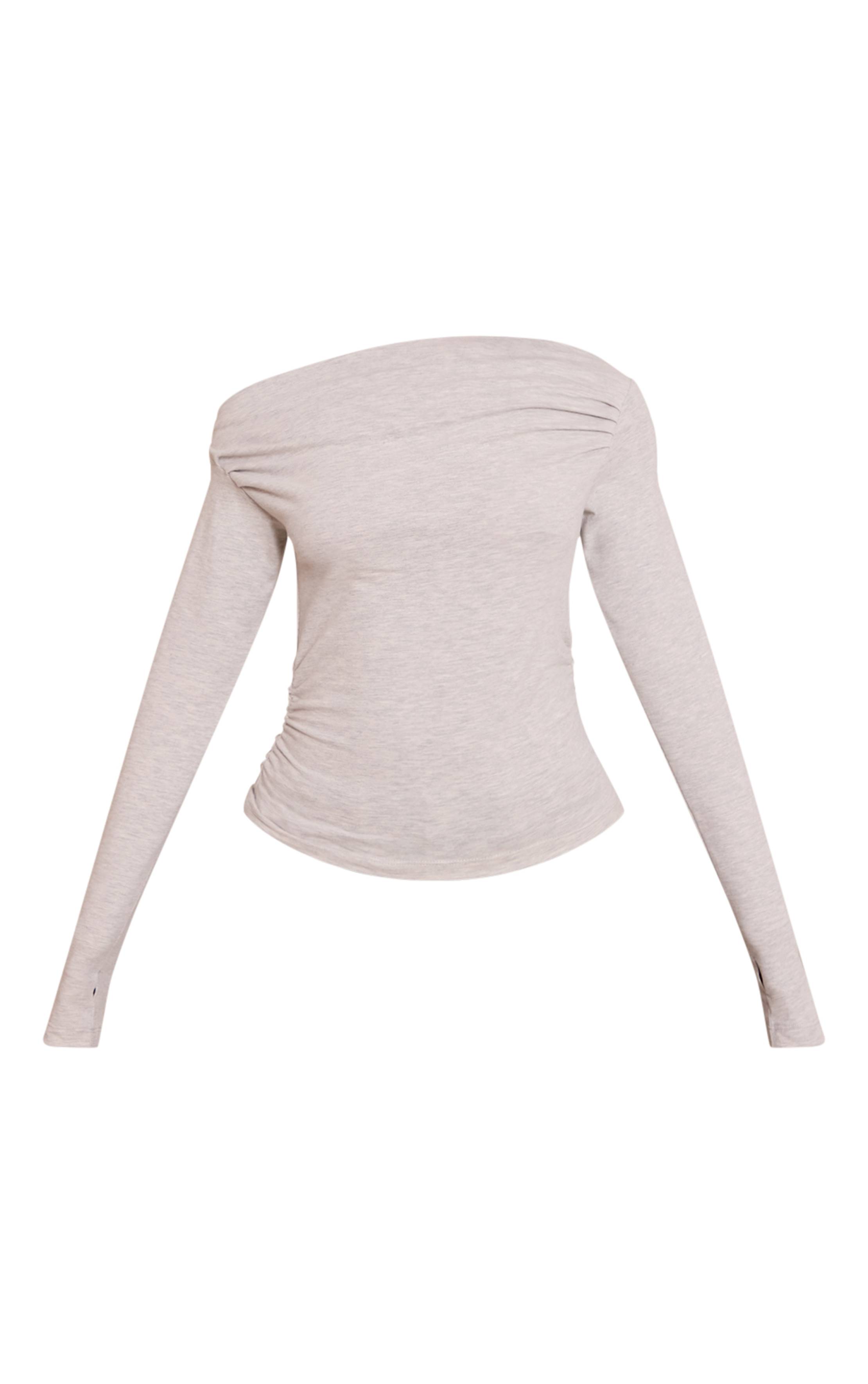Gris Chiné Haut Petite En Coton Doux À Manches Longues Asymétrique Froncé