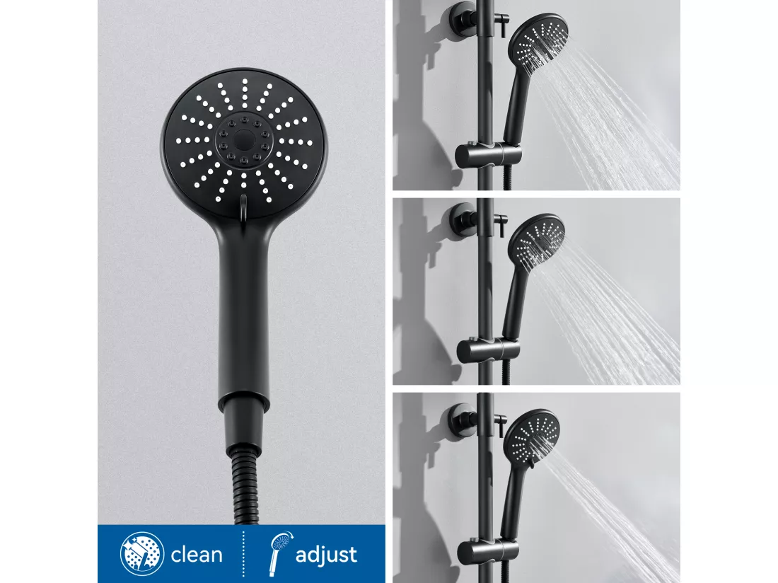 Colonne Douche Thermostatique Noir avec Mitigeur,Systeme Douche Thermostatique 38°C,Réglable Hauteur avec Douchette 3 Jets et Pluie 22.5mm