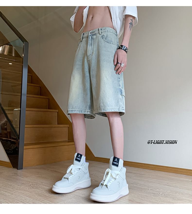 Giuliana - Mid Waist Washed Distressed Denim Shorts / Capri Straight Leg Jeans
