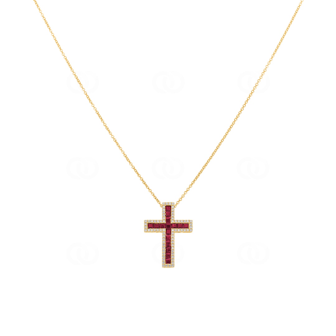 Collier 750/18 K Gelbgold Kreuz mit Rubinen & Diamanten 0.23 ct H/si