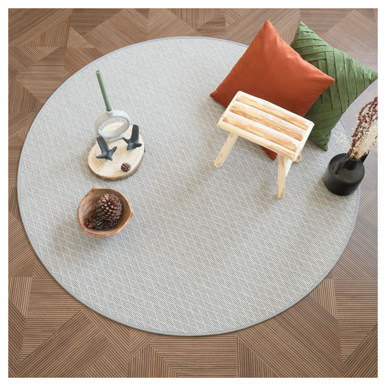 Tapis rond intérieur / extérieur - timika blanc craie - galon gris - ø 120 cm