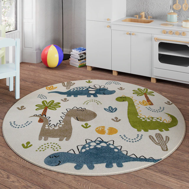 SMART KIDS Kinderteppich »Dino & Friends« rund 10 mm Höhe Moderner Spielteppich, strapazierfähig, pflegeleicht, Konturenschnitt