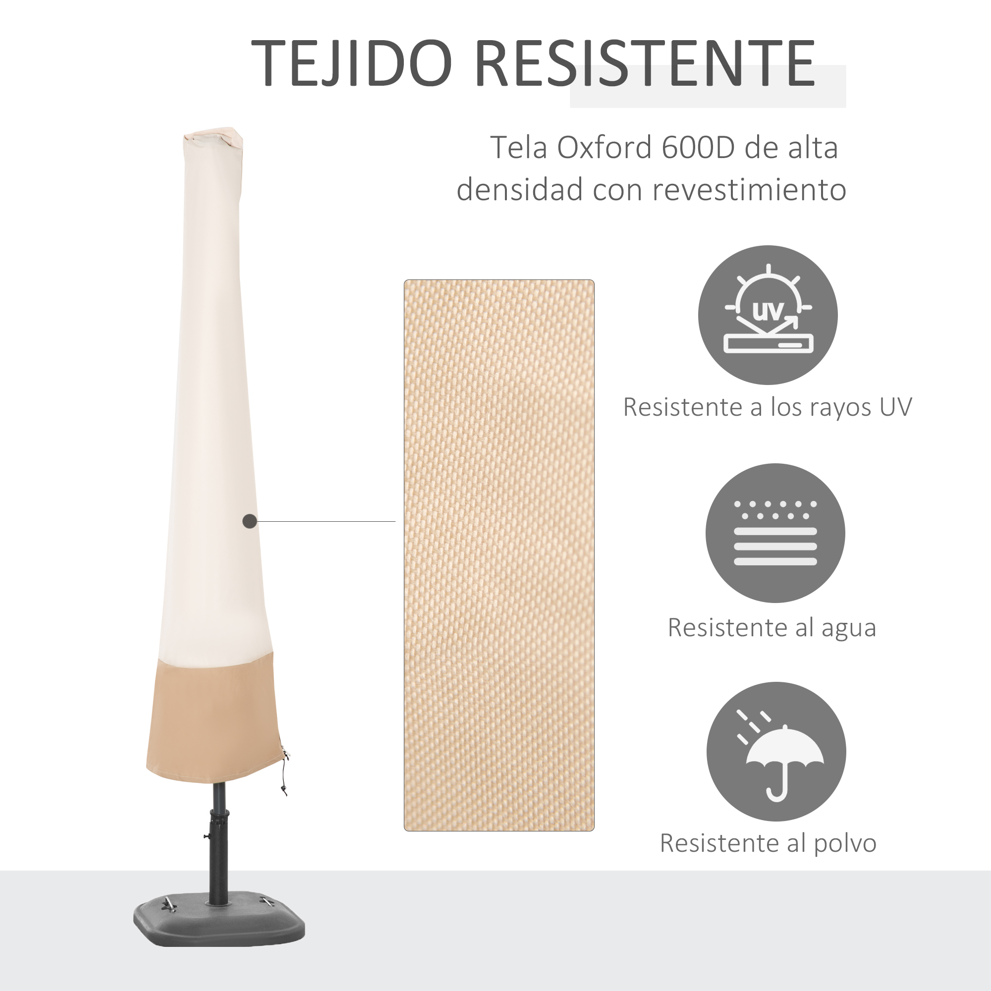 Capa impermeável para guarda-sol de jardim Outsunny, tecido Oxford 600D, Ø60x190 cm, capa protetora para guarda-sol com elástico e zíper para pátio, terraço e uso externo, bege.