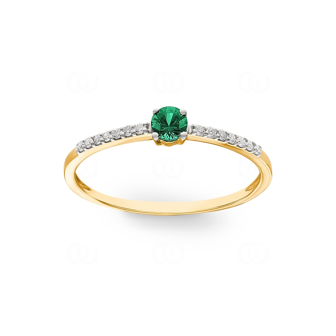 Damenring 750/18 K Gelbgold mit Smaragd rund & Diamanten 0.07 ct H/si