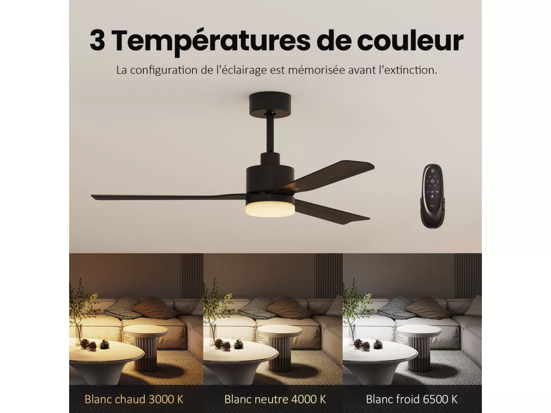 EMKE Ventilateur de Plafond avec Éclairage et Télécommande, 3 Pales en ABS, Noir, 6 Vitesses, Minuterie et Mode Sommeil, 3 Couleurs de Lumière