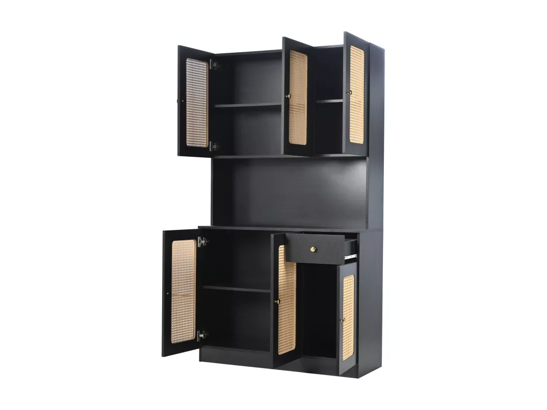 Vitrine H 180cm - 6 portes en rotin et un tiroir - Noir