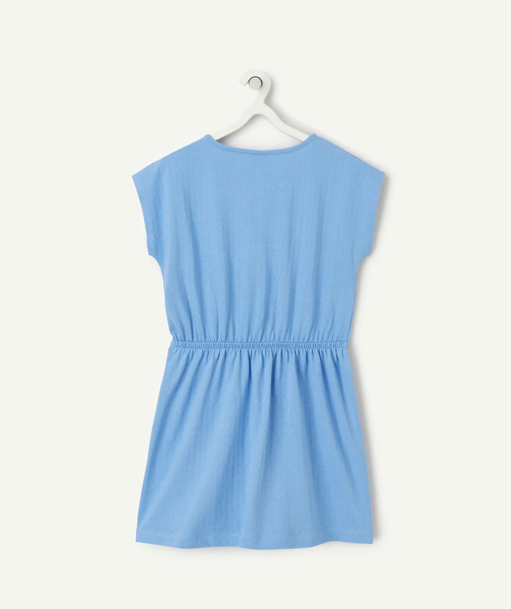 robe manches courtes fille en coton bio bleu et boutons pailletés