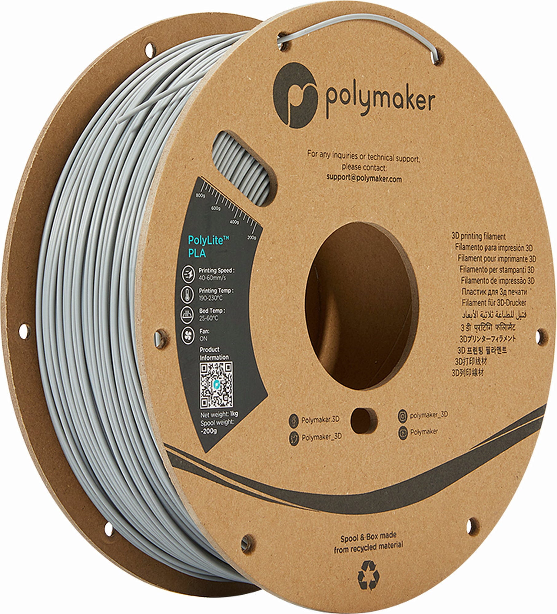 Polymaker  PolyLite PLA Grau, 1,75 mm / 1000 g    Hochwertiges günstiges PLA von Polymaker in Grau